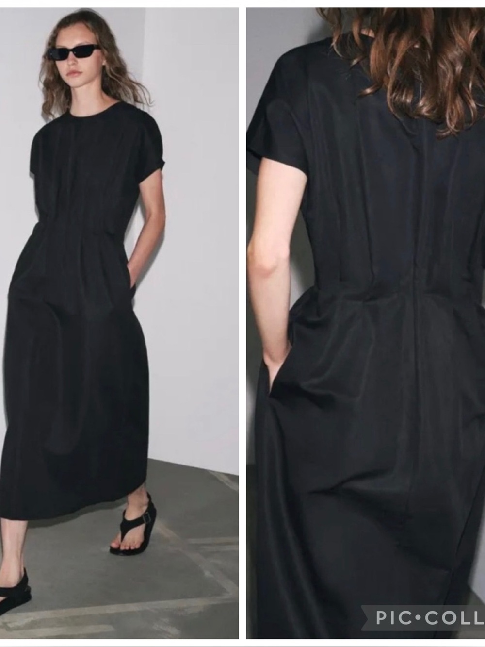 Zara ZW collection linen cotton blend pleated waist pockets black midi dress